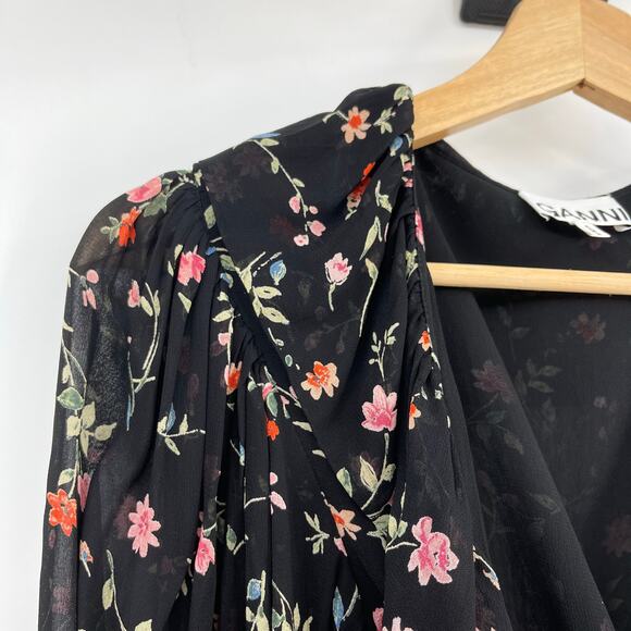 GANNI | Elm Floral Wrap Top in Black Pink Chiffon 36 / US 4 / S - Picture 7 of 10